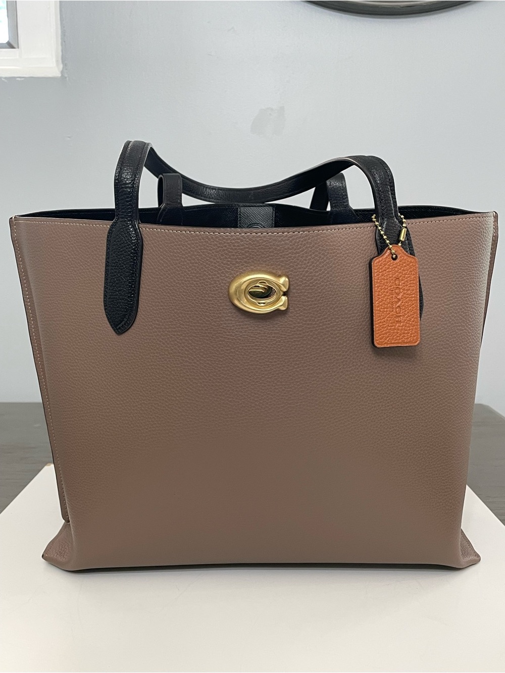 Coach Two-Tone Pebbled Leather Tote in Taupe, Black & Orange Tag